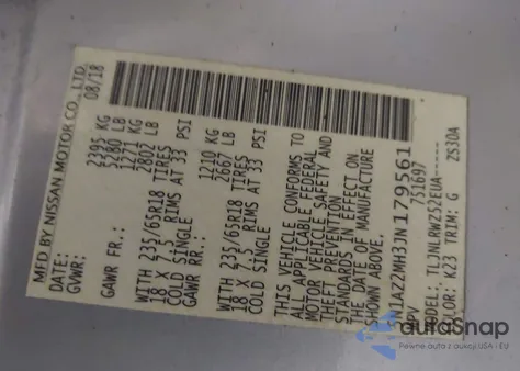 2018 Nissan Murano Sl from USA, damaged, VIN 5N1AZ2MH3JN179561